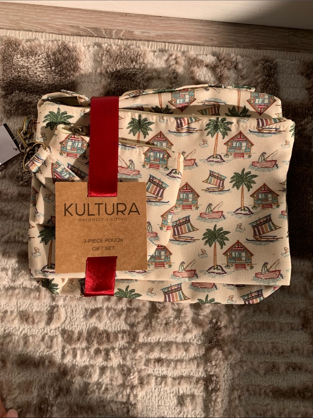 Kultura 3-Piece Beach Print Pouch Set - Cream with Multicolor Motif